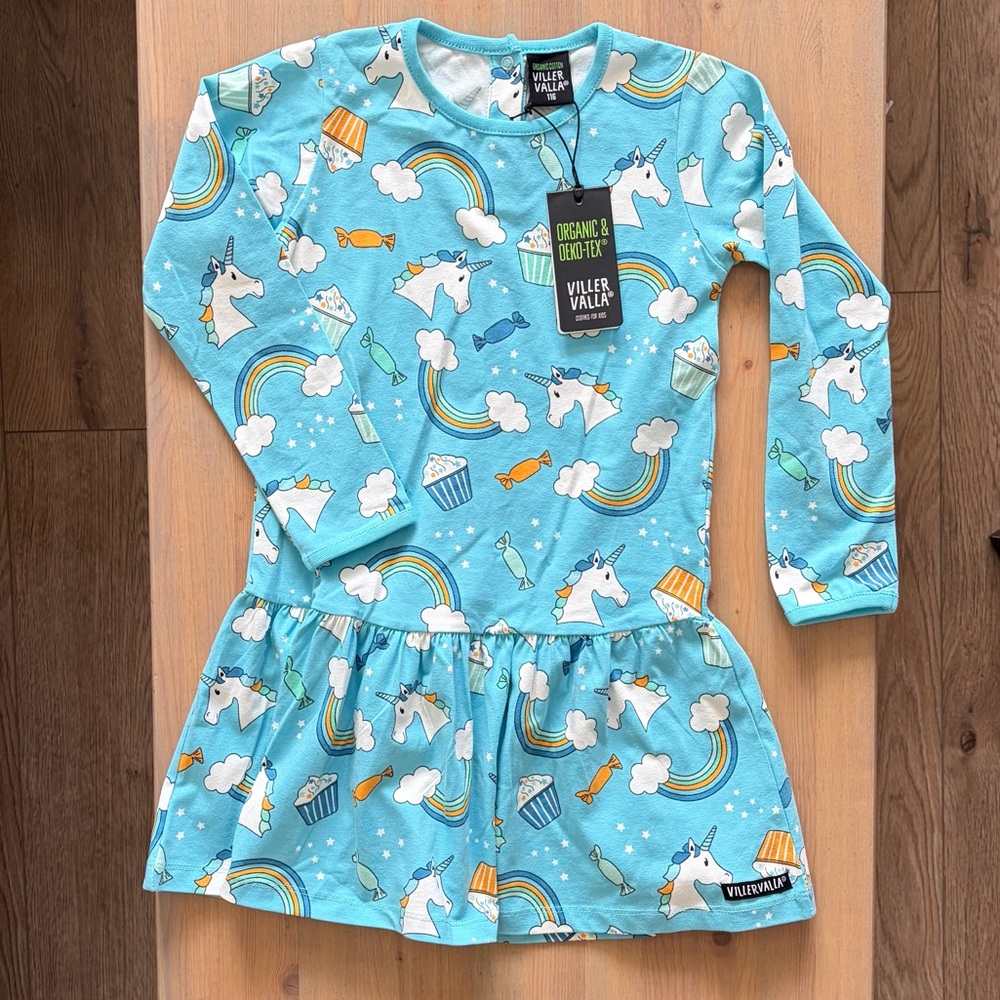 VILLERVALLA Blue Unicorn & Rainbow Organic Cotton Dress